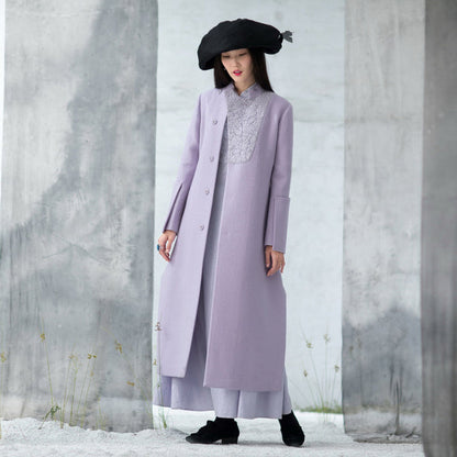 Purple Woolen Coats Side Open Long Winter Coat Embroidery Outwear