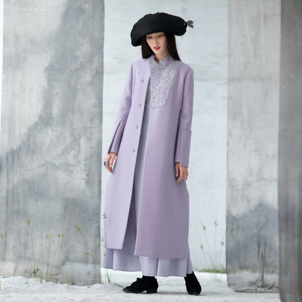 Purple Woolen Coats Side Open Long Winter Coat Embroidery Outwear