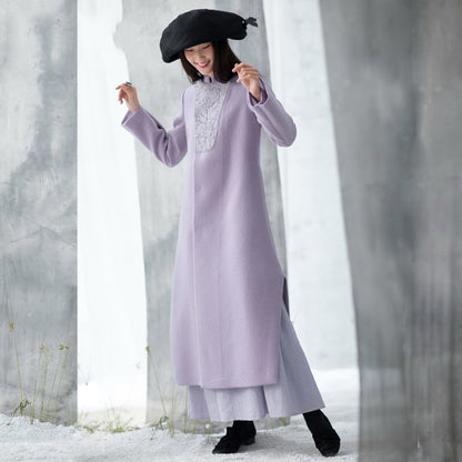 Purple Woolen Coats Side Open Long Winter Coat Embroidery Outwear