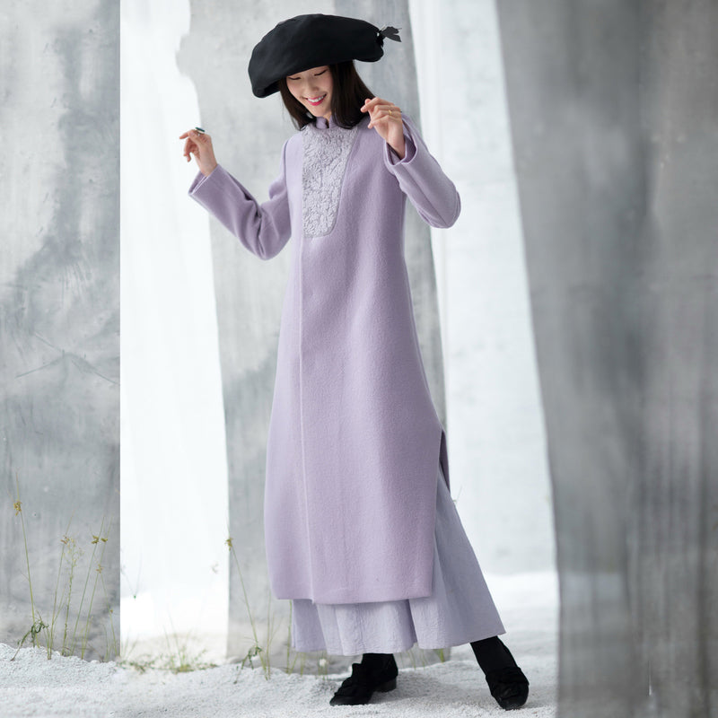 Purple Woolen Coats Side Open Long Winter Coat Embroidery Outwear