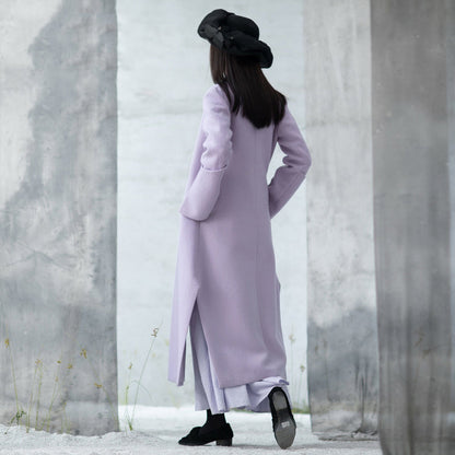 Purple Woolen Coats Side Open Long Winter Coat Embroidery Outwear