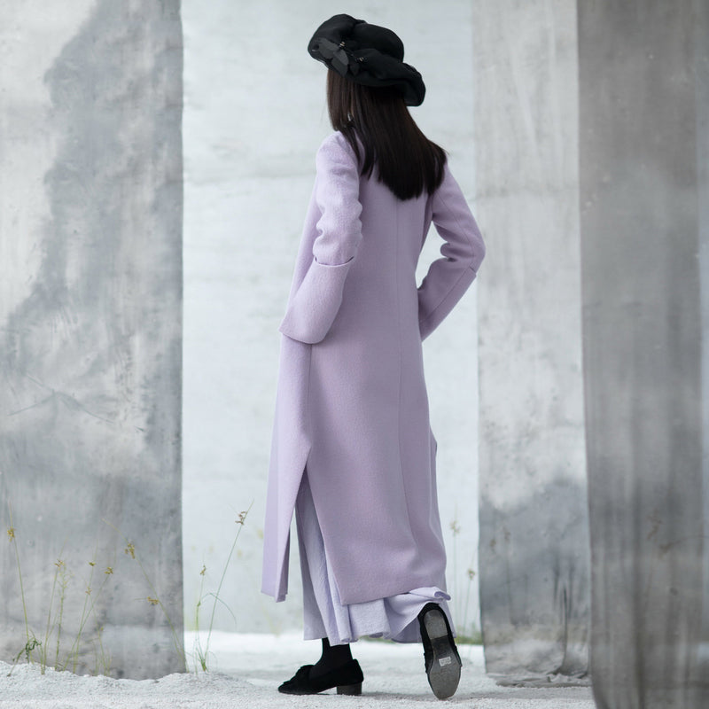 Purple Woolen Coats Side Open Long Winter Coat Embroidery Outwear