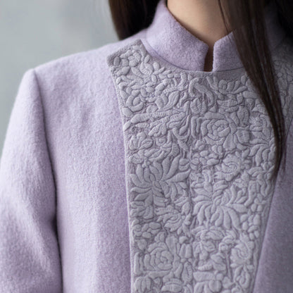 Purple Woolen Coats Side Open Long Winter Coat Embroidery Outwear