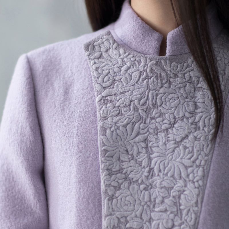 Purple Woolen Coats Side Open Long Winter Coat Embroidery Outwear