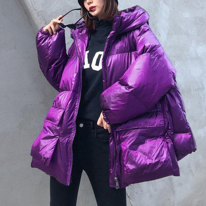 Purple Down Jacket Woman Clothing Winter Jacket Hooded Zippered Coats
