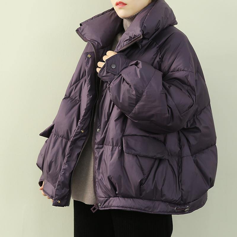 Purple Warm Winter Coat Snow Stand Collar Zippered Fine Outwear