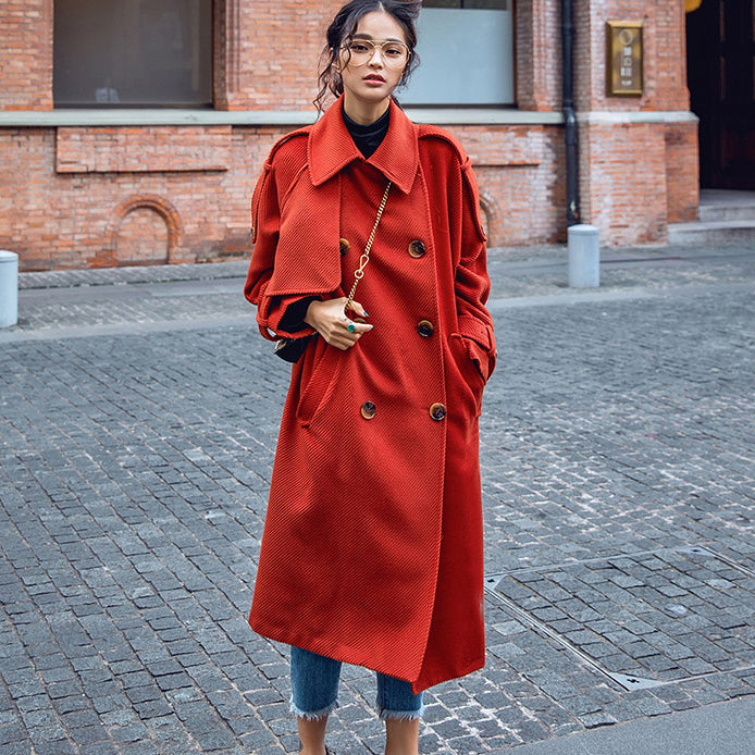 Red Winter Coat Notched Tunic Coat Fine Pockets Tie Waist Coats