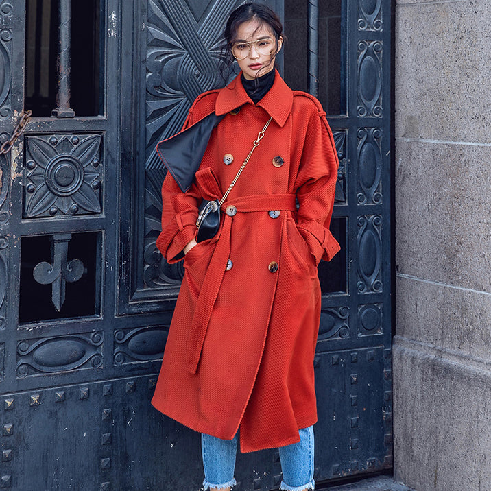 Red Winter Coat Notched Tunic Coat Fine Pockets Tie Waist Coats