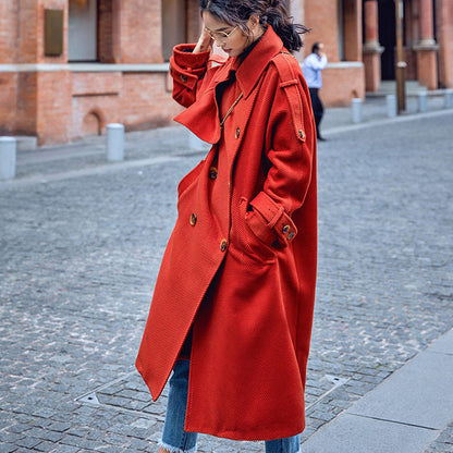 Red Winter Coat Notched Tunic Coat Fine Pockets Tie Waist Coats