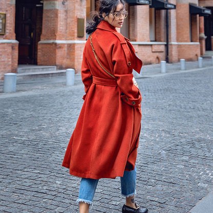 Red Winter Coat Notched Tunic Coat Fine Pockets Tie Waist Coats