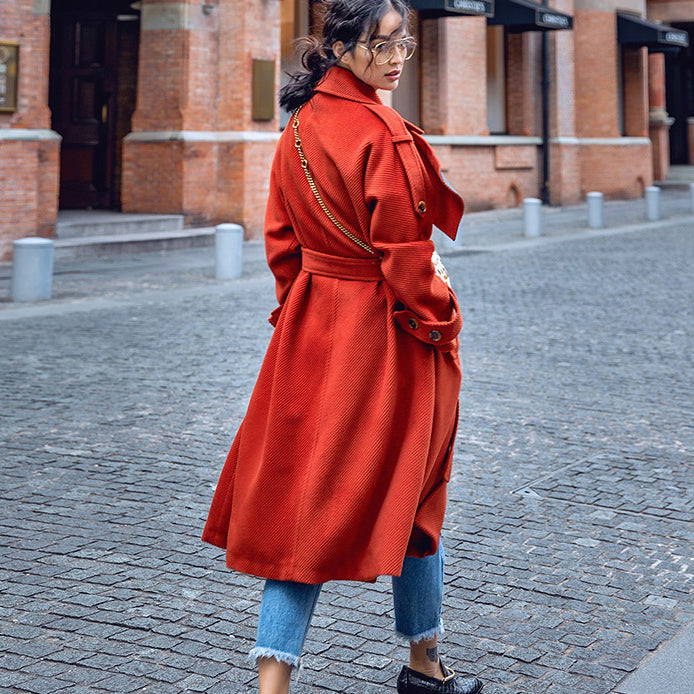 Red Winter Coat Notched Tunic Coat Fine Pockets Tie Waist Coats