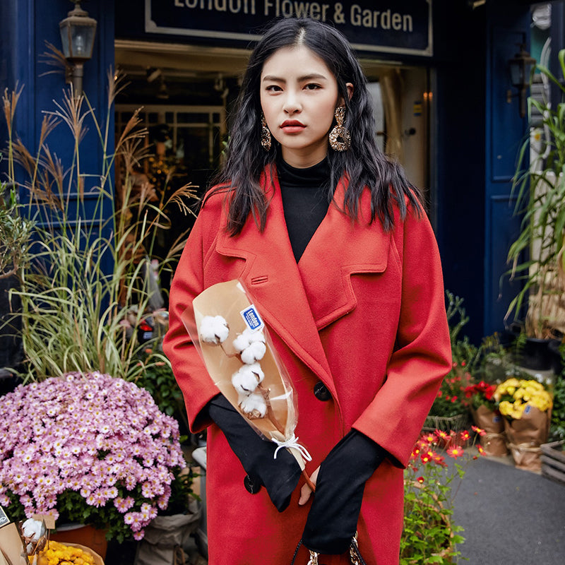 Red Wool Coat Notched Maxi Coat Double Breasted Wool Jackets