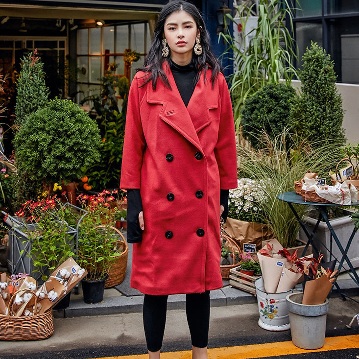 Red Wool Coat Notched Maxi Coat Double Breasted Wool Jackets