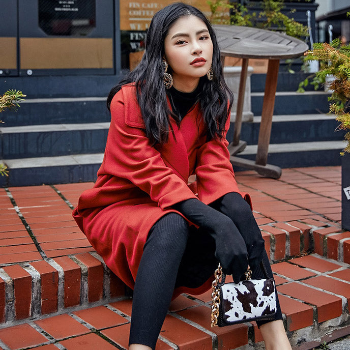 Red Wool Coat Notched Maxi Coat Double Breasted Wool Jackets