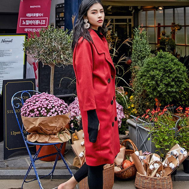 Red Wool Coat Notched Maxi Coat Double Breasted Wool Jackets