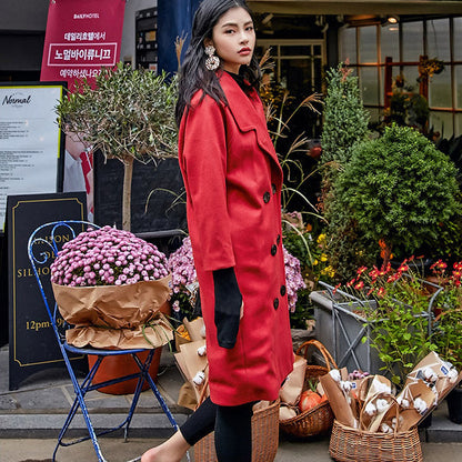 Red Wool Coat Notched Maxi Coat Double Breasted Wool Jackets