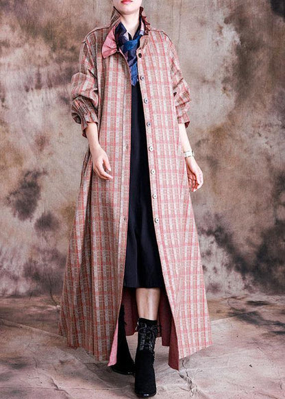 Red Plaid Woolen Coats Trench Coat Fall Cinched Coat