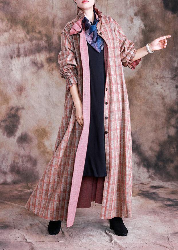 Red Plaid Woolen Coats Trench Coat Fall Cinched Coat