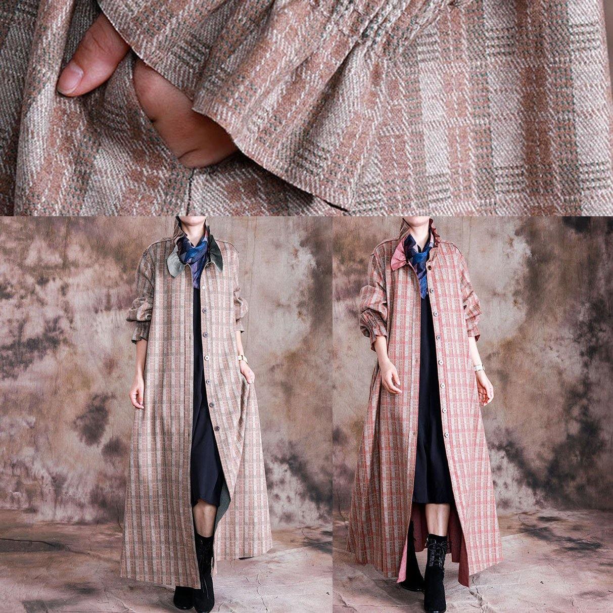Red Plaid Woolen Coats Trench Coat Fall Cinched Coat