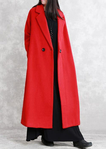 Red Wool Coat Loose Fitting Notched Pockets Winter Coat