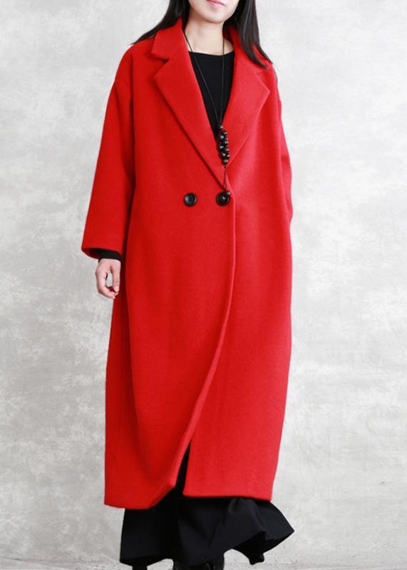 Red Wool Coat Loose Fitting Notched Pockets Winter Coat