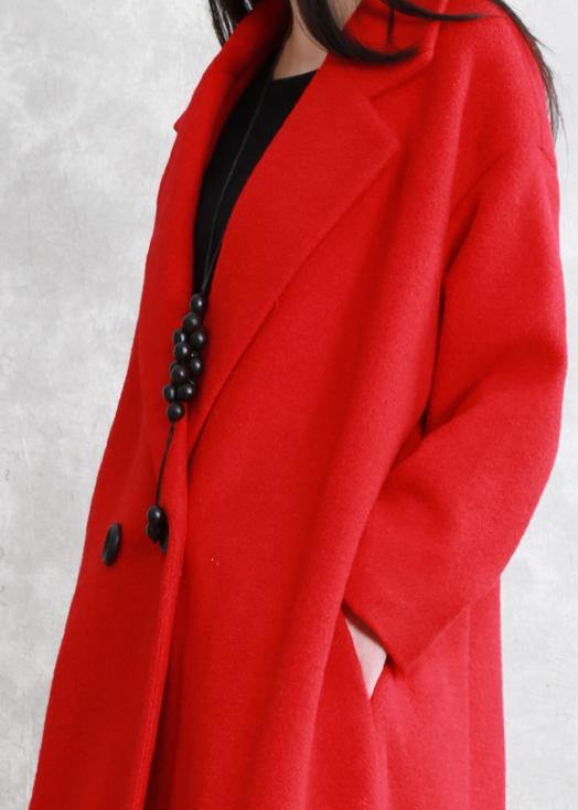 Red Wool Coat Loose Fitting Notched Pockets Winter Coat