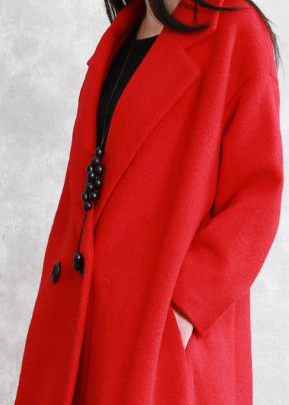 Red Wool Coat Loose Fitting Notched Pockets Winter Coat
