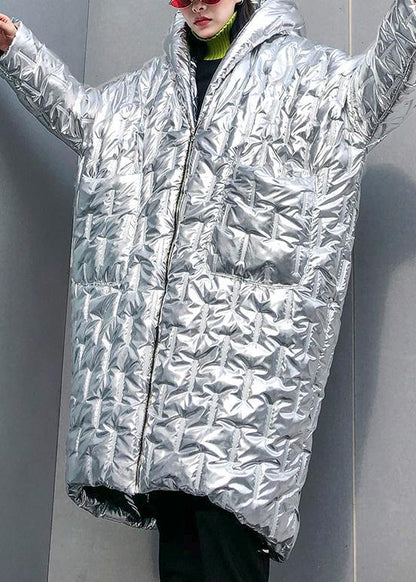 Silver Parkas for Loose Fitting Hooded Zippered Coats
