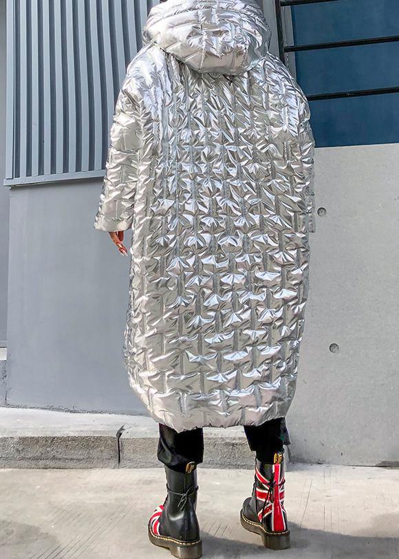 Silver Parkas for Loose Fitting Hooded Zippered Coats