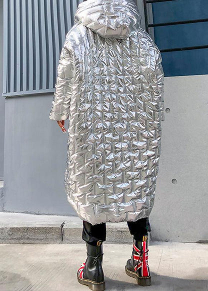 Silver Parkas for Loose Fitting Hooded Zippered Coats