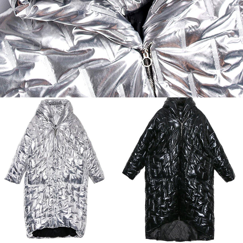 Silver Parkas for Loose Fitting Hooded Zippered Coats