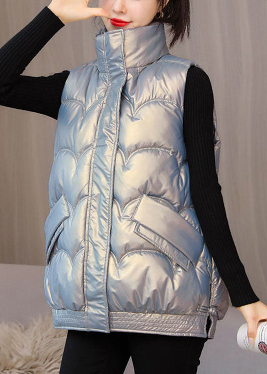 Silver Zippered Pockets Winter Sleeveless Puffer Vest