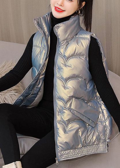 Silver Zippered Pockets Winter Sleeveless Puffer Vest
