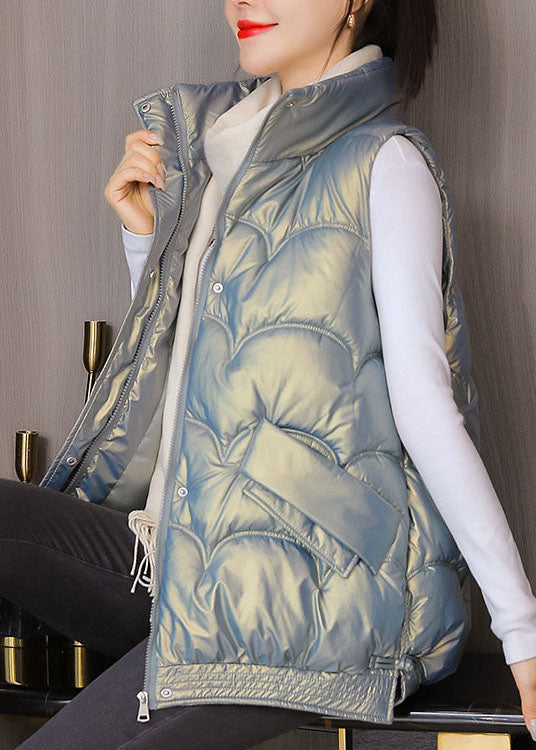 Silver Zippered Pockets Winter Sleeveless Puffer Vest