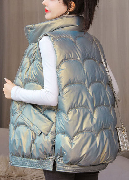 Silver Zippered Pockets Winter Sleeveless Puffer Vest