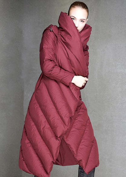 Down Jacket Hooded Coats Burgundy Dark Buckle Down Jacket Woman