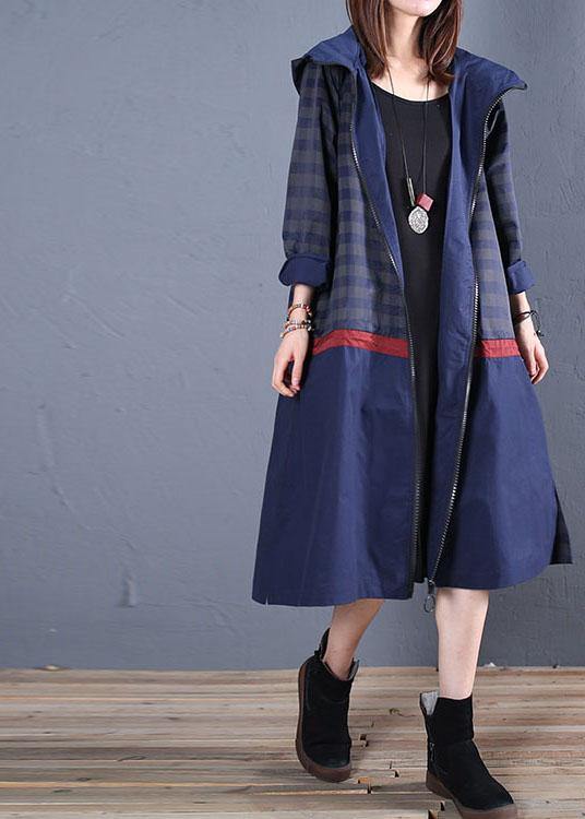 Maxi Coat Fall Blue Hooded Patchwork Coat