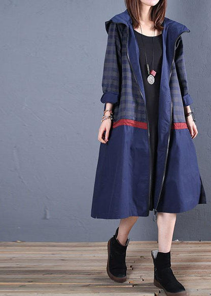 Maxi Coat Fall Blue Hooded Patchwork Coat