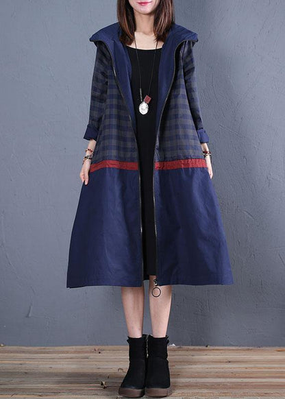 Maxi Coat Fall Blue Hooded Patchwork Coat