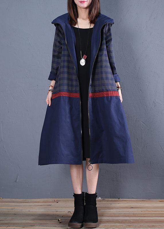 Maxi Coat Fall Blue Hooded Patchwork Coat