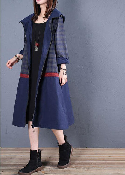 Maxi Coat Fall Blue Hooded Patchwork Coat