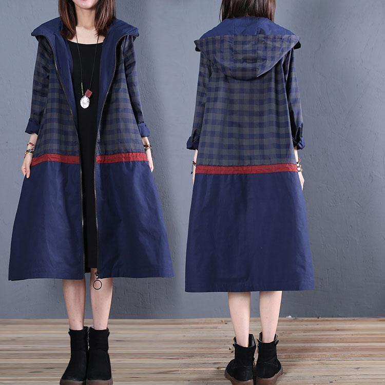 Maxi Coat Fall Blue Hooded Patchwork Coat