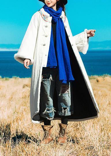White Winter Coats Loose Fitting Warm Winter Coat Embroidery Faux Fur Collar Outwear