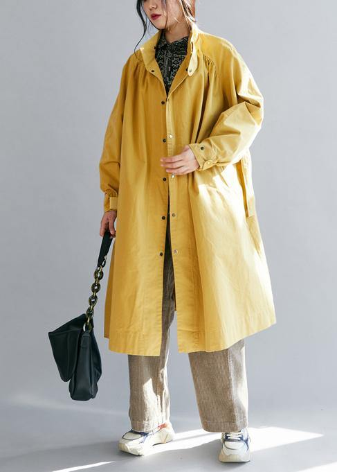 Yellow Coats Loose Fitting Winter Jacket Stand Collar Tie Waist Winter Outwear