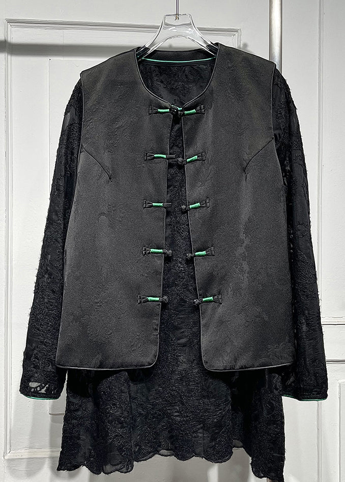 Mandarin Collar Black O-neck Button Waistcoat Spring
