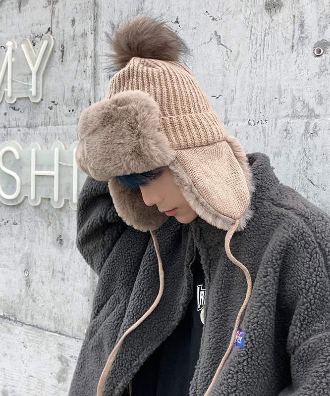 Khaki Versatile Fuzzy Wool Lined Knit Ear Protection Hat