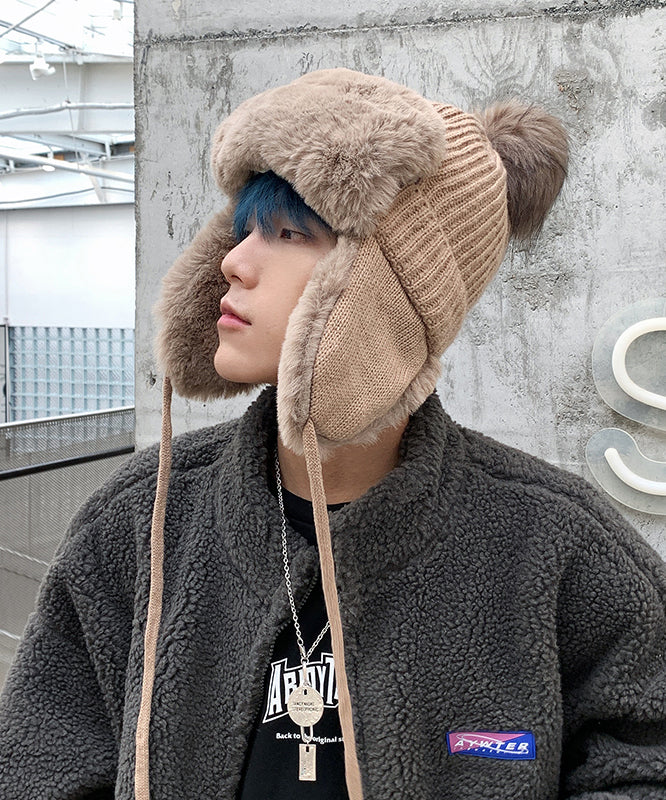 Khaki Versatile Fuzzy Wool Lined Knit Ear Protection Hat