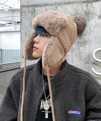 Khaki Versatile Fuzzy Wool Lined Knit Ear Protection Hat