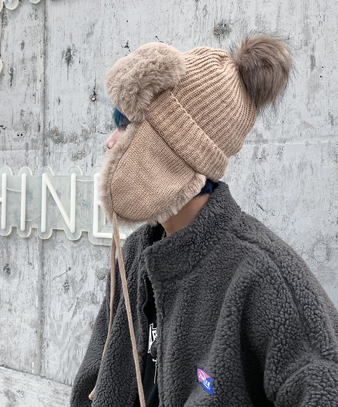 Khaki Versatile Fuzzy Wool Lined Knit Ear Protection Hat