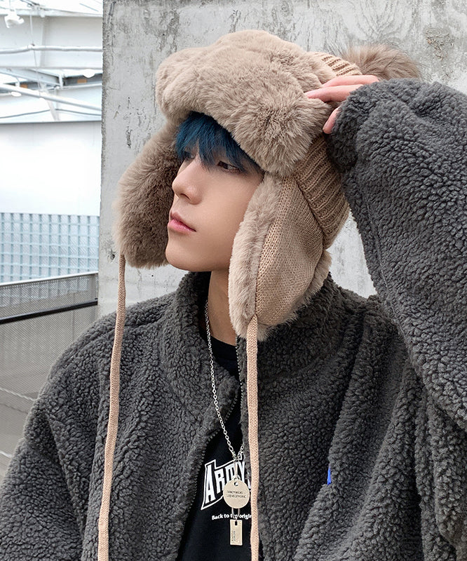 Khaki Versatile Fuzzy Wool Lined Knit Ear Protection Hat